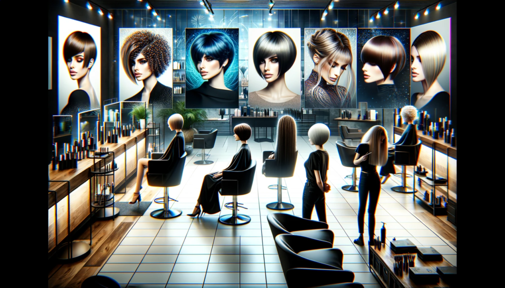 Tendances cheveux 2024 dans un salon de coiffure avec des coiffures Pixie Cut, Bob Court, Long Bob, Shag et Butterfly Cut