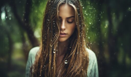 Femme aux cheveux mouillés par la pluie tombant librement sur les épaules dans une forêt luxuriante
